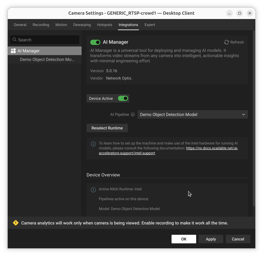 AI Manager panel with Device Active on, AI Pipeline set to Demo Object Detection Model, and Device Overview reporting the active Intel runtime