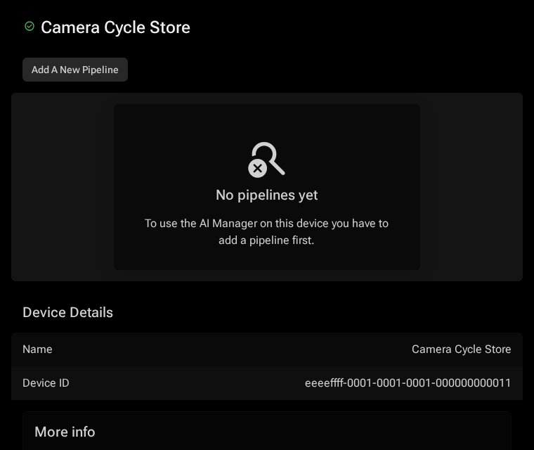 AI Manager device panel showing no pipelines configured, with an Add A New Pipeline button