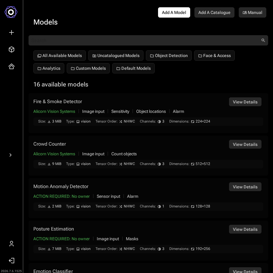 The model catalogue listing page showing available AI models with their descriptions and runtime compatibility