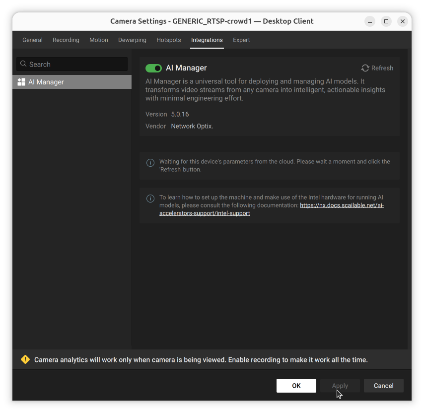 AI Manager panel waiting for the device's parameters from the cloud, with a link to the Intel accelerator support documentation