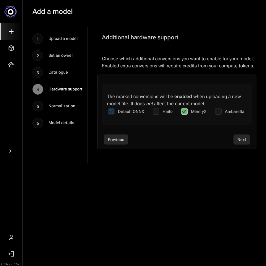 Add a model wizard showing the Additional hardware support step with Default ONNX
       checked and a note that enabled conversions will require compute tokens