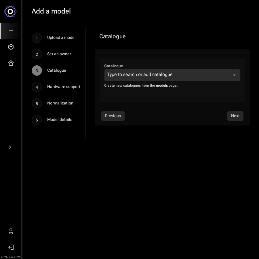 Add a model wizard showing the Catalogue step with an empty search field and a note
       that new catalogues can be created from the models page