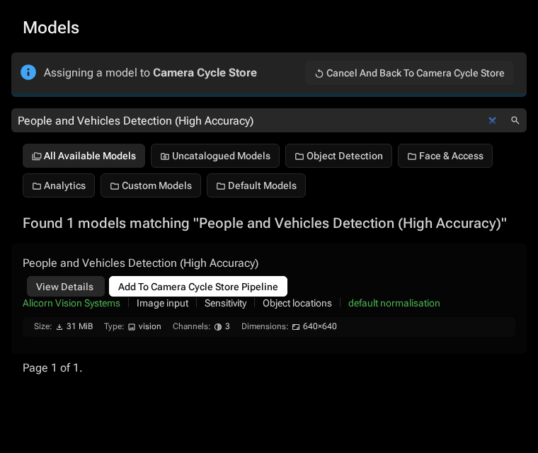 Models catalogue showing available AI models with View Details and Add To Pipeline buttons, with an Assigning a model to device banner at the top