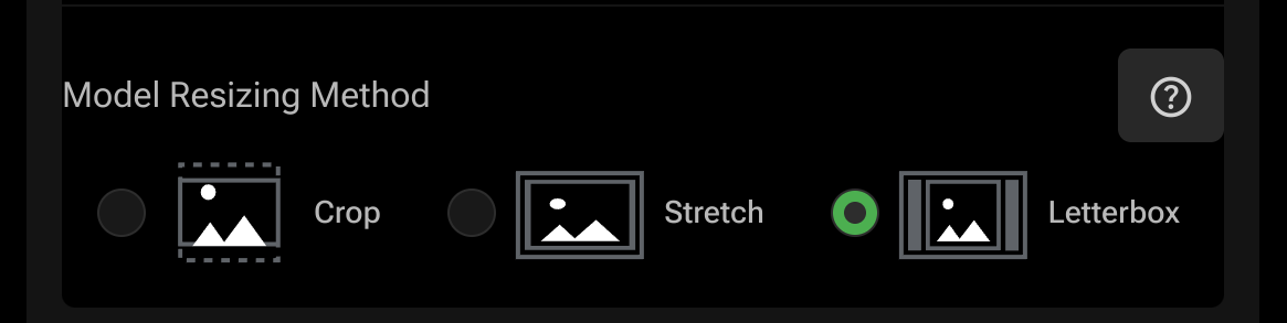 Model Resizing Method setting showing Crop, Stretch, and Letterbox options