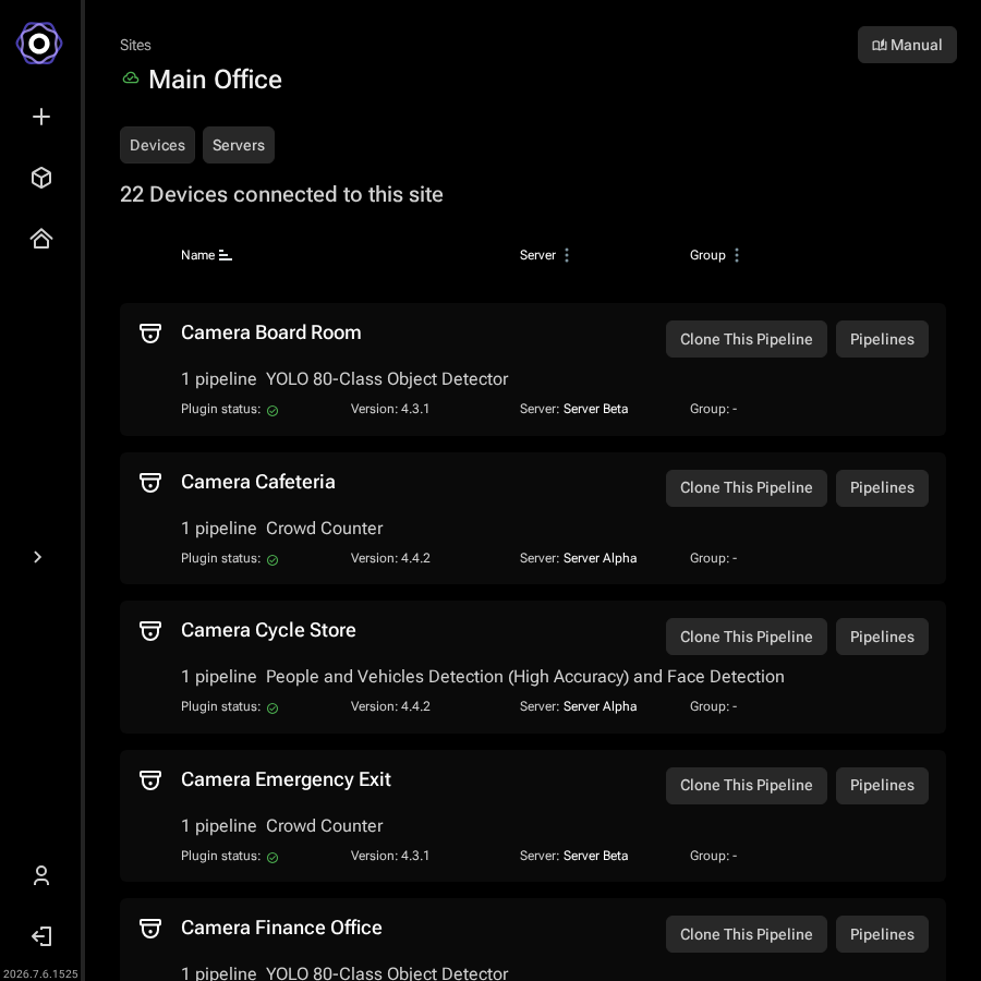 A site's device list showing cameras with their assigned model pipelines and Clone This Pipeline buttons