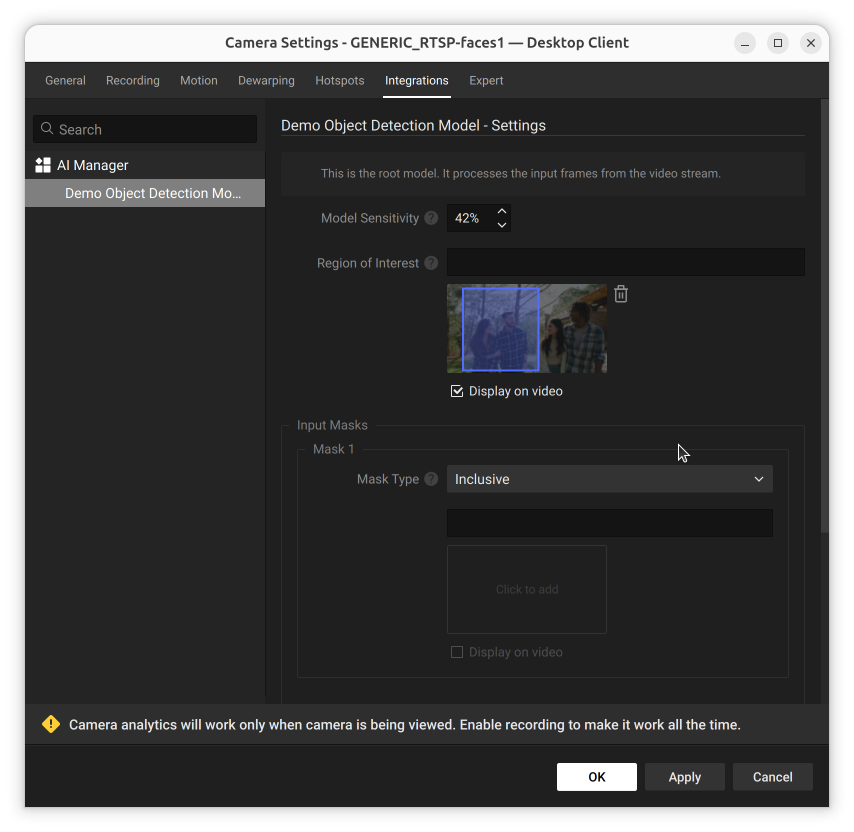 Model Settings panel showing a Region of Interest thumbnail preview with a blue rectangle drawn over part of the camera image and Display on video checked