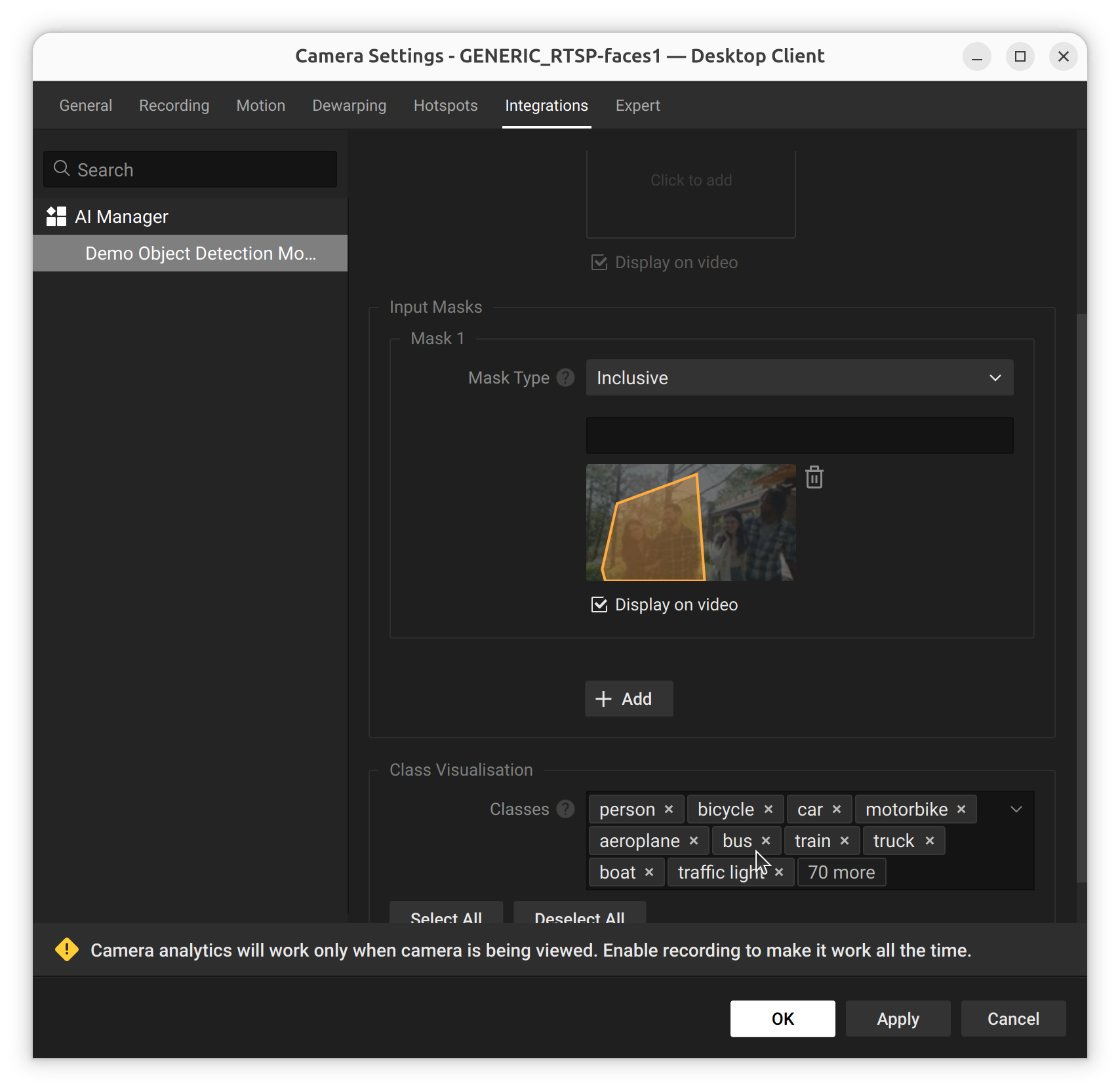 Model Settings panel showing a completed inclusive input mask thumbnail, an orange polygon shape drawn over part of the camera image