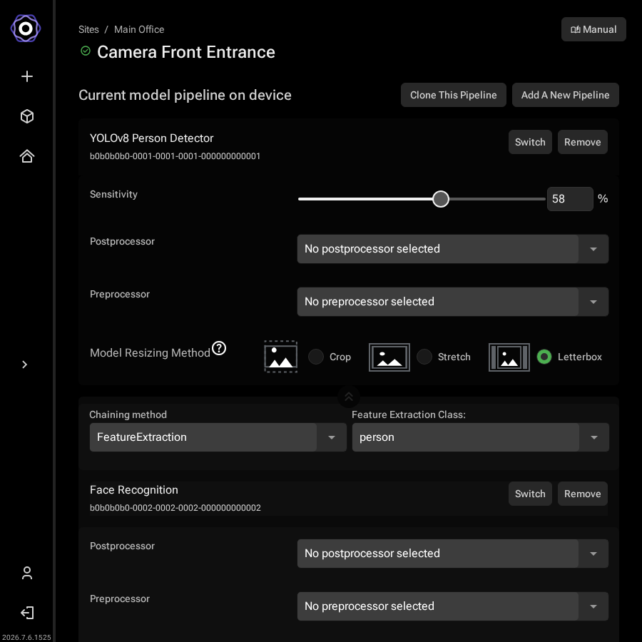Device detail page confirming the pipeline that was cloned to the selected devices