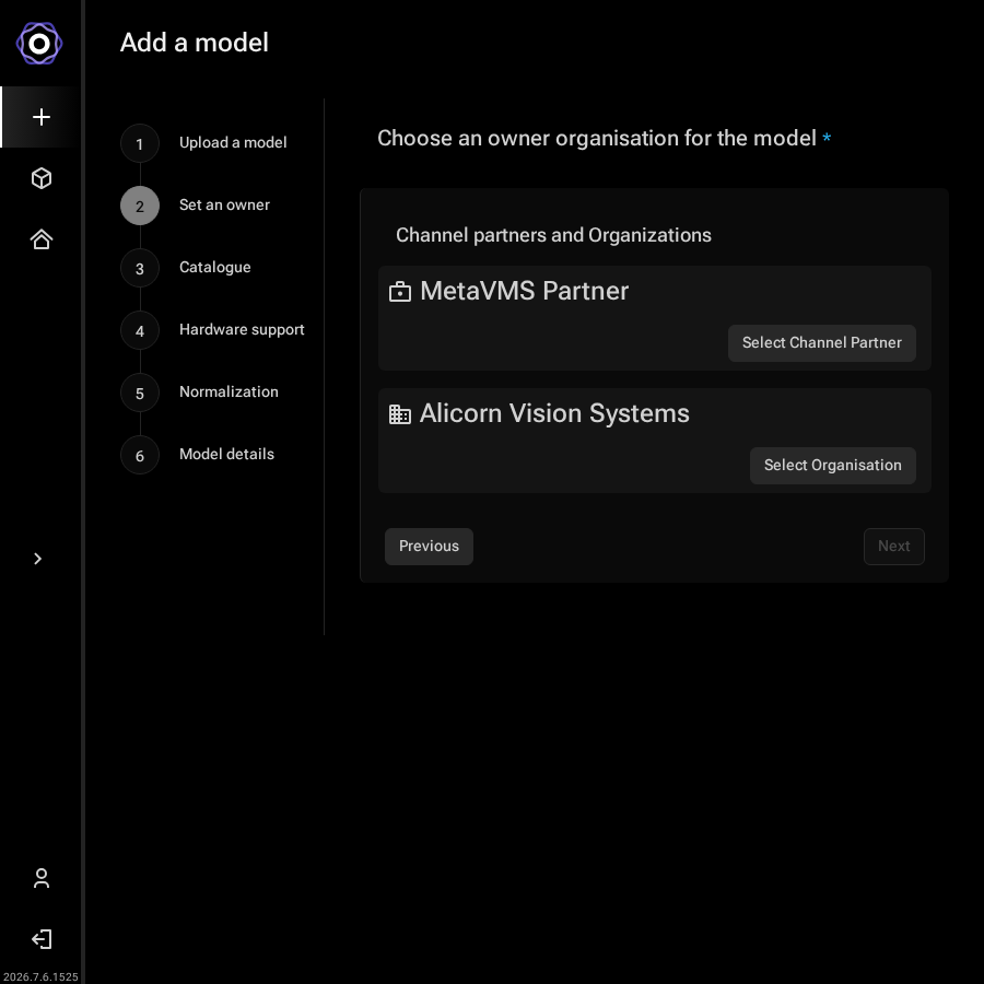 Add a model wizard showing a list of channel partners and organizations to choose from,
       each with a Select button