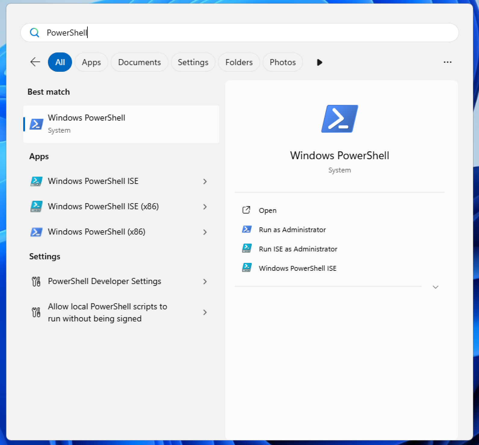 Windows Start menu with PowerShell highlighted and Run as administrator option visible