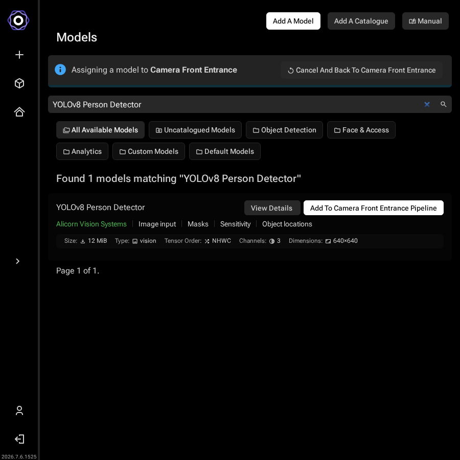 Model catalogue in assignment mode showing an Assigning a model to Demo Cam banner at the top, catalogue filter tabs, and Add To Pipeline buttons next to each model