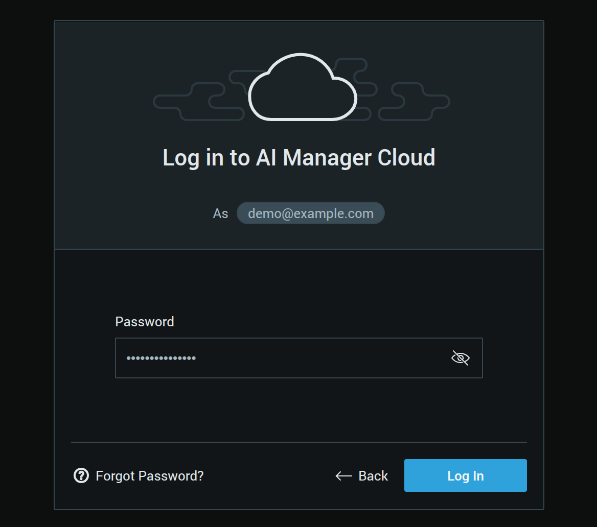 Log in to AI Manager Cloud dialog showing a password field for the entered email address