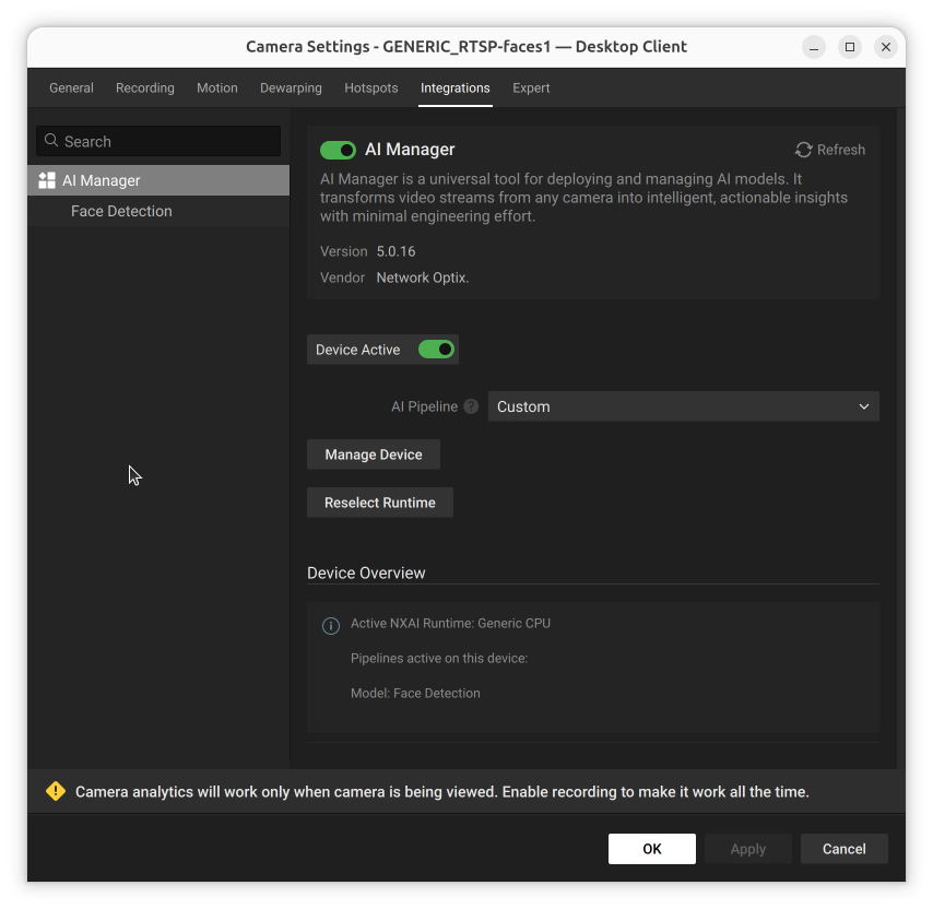 AI Manager panel with AI Pipeline set to Custom, showing the Manage Device button and Device Overview reporting the Face Detection model