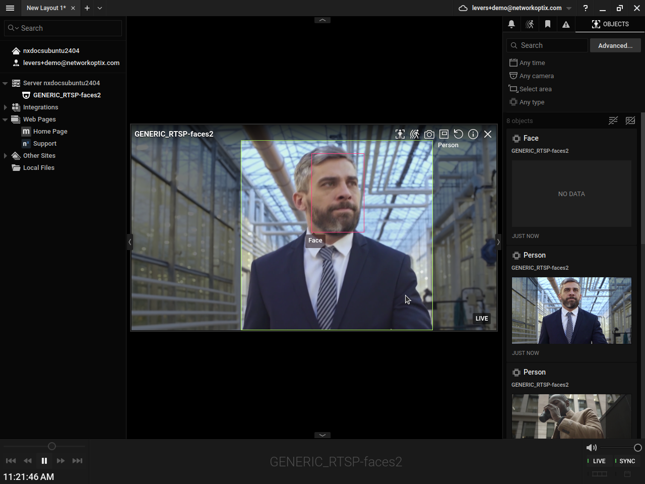 Camera feed in the desktop client showing a detected person with face bounding boxes from the AI model