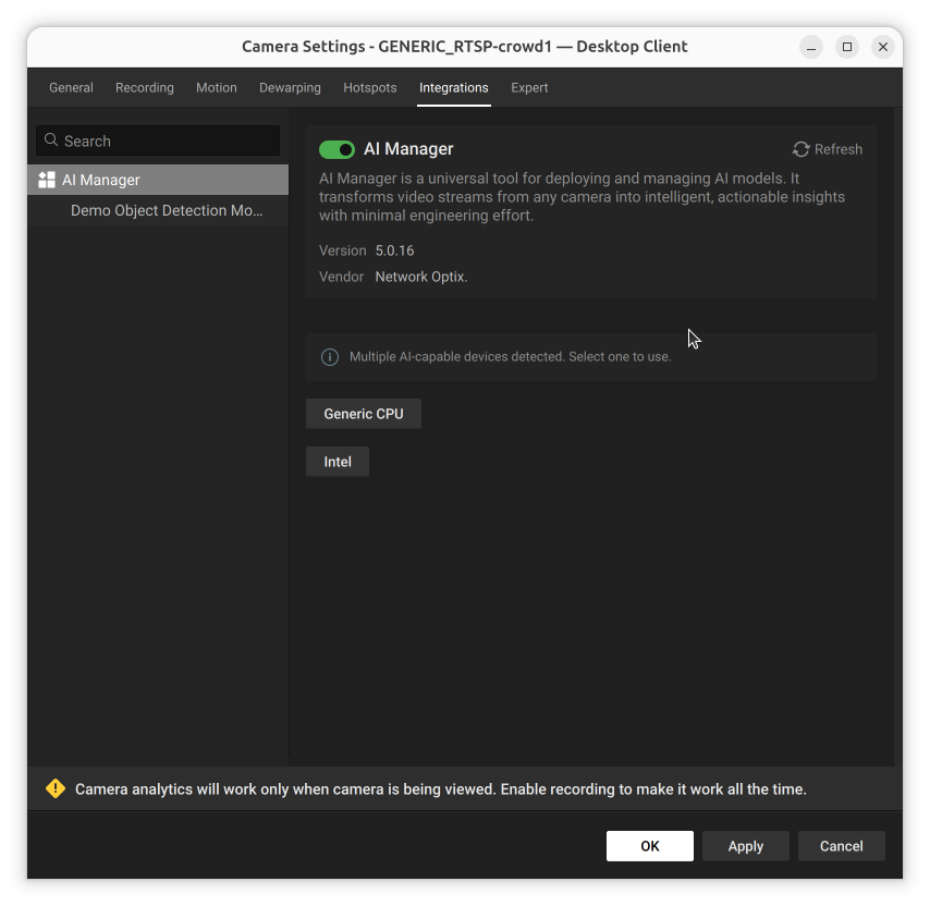 AI Manager Integrations tab showing two runtime entries: Generic CPU and Intel, after multiple AI-capable devices were detected