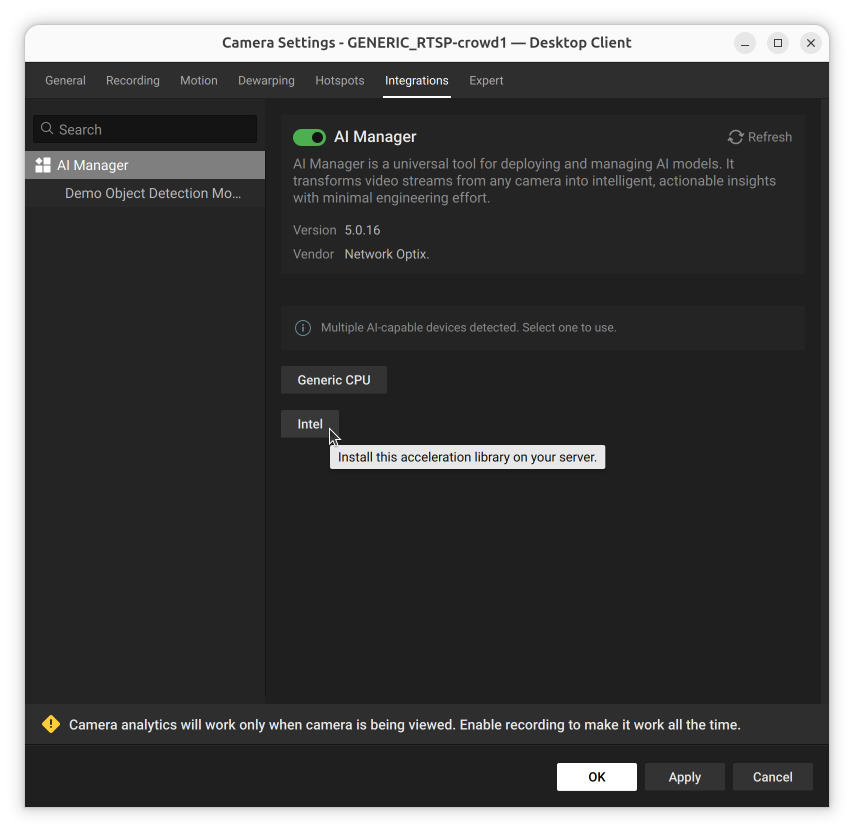 Runtime selection buttons with a tooltip on the Intel button reading Install this acceleration library on your server