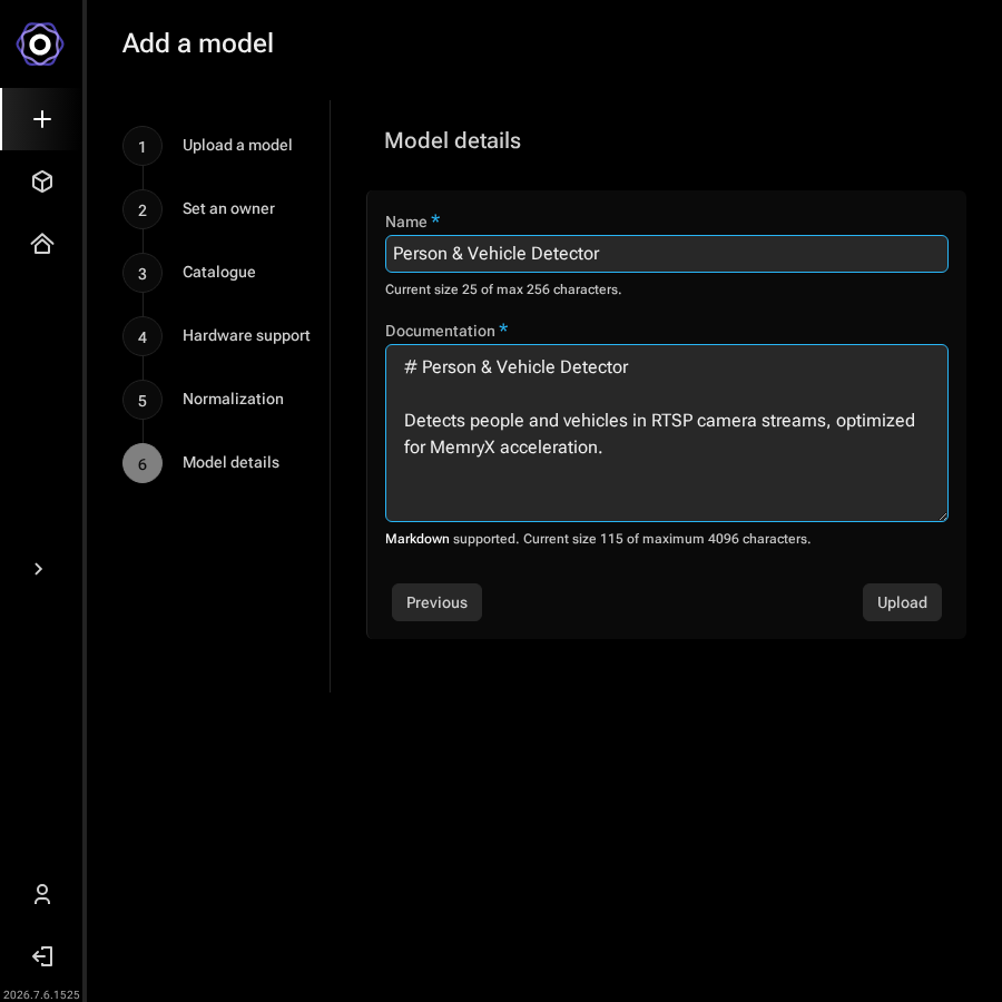 Add a model wizard showing the Model details step with Name and Documentation fields
       filled in, and an Upload button at the bottom
