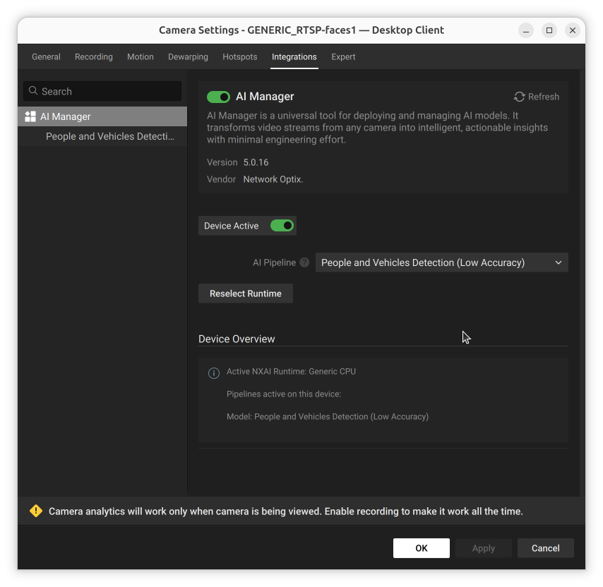 AI Manager pipeline panel showing People and Vehicles Detection model
     configured with sensitivity and postprocessor controls
