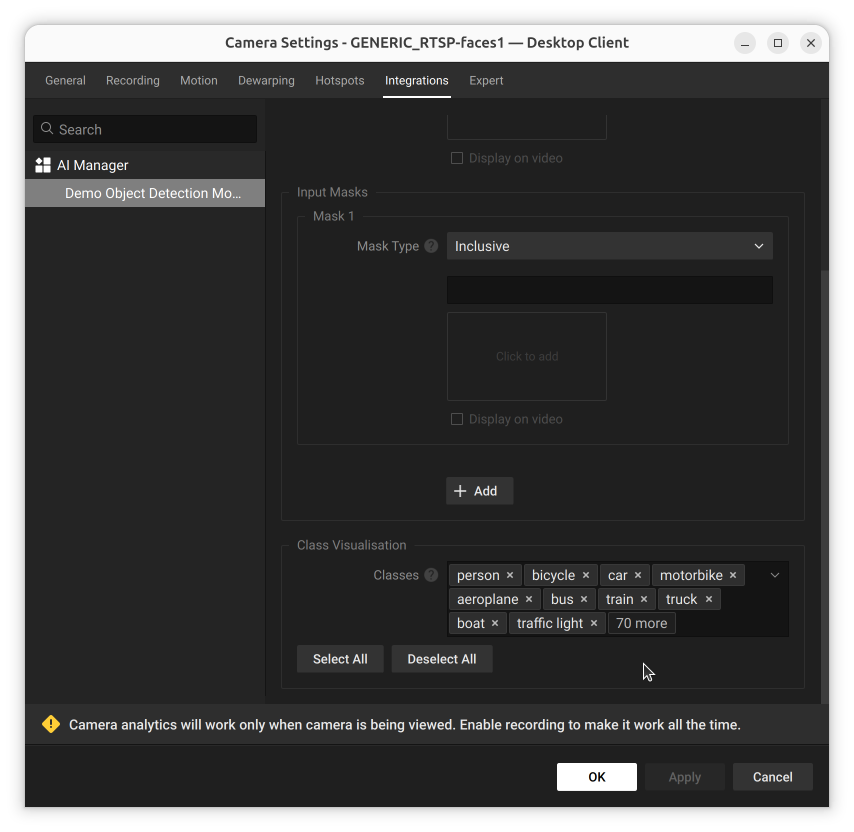 Class Visualisation panel showing a longer list of selected class tags with a 70 more overflow count