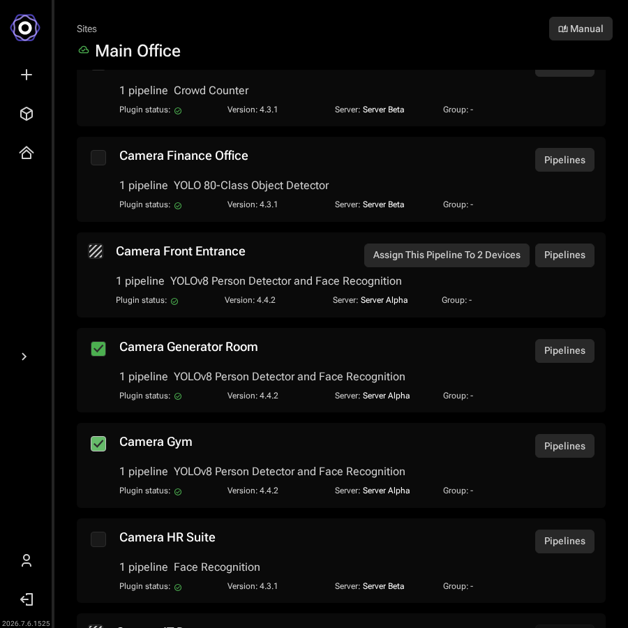 Site devices list with an Assign This Pipeline To 2 Devices button on the source
     device's row and two target devices checked below it