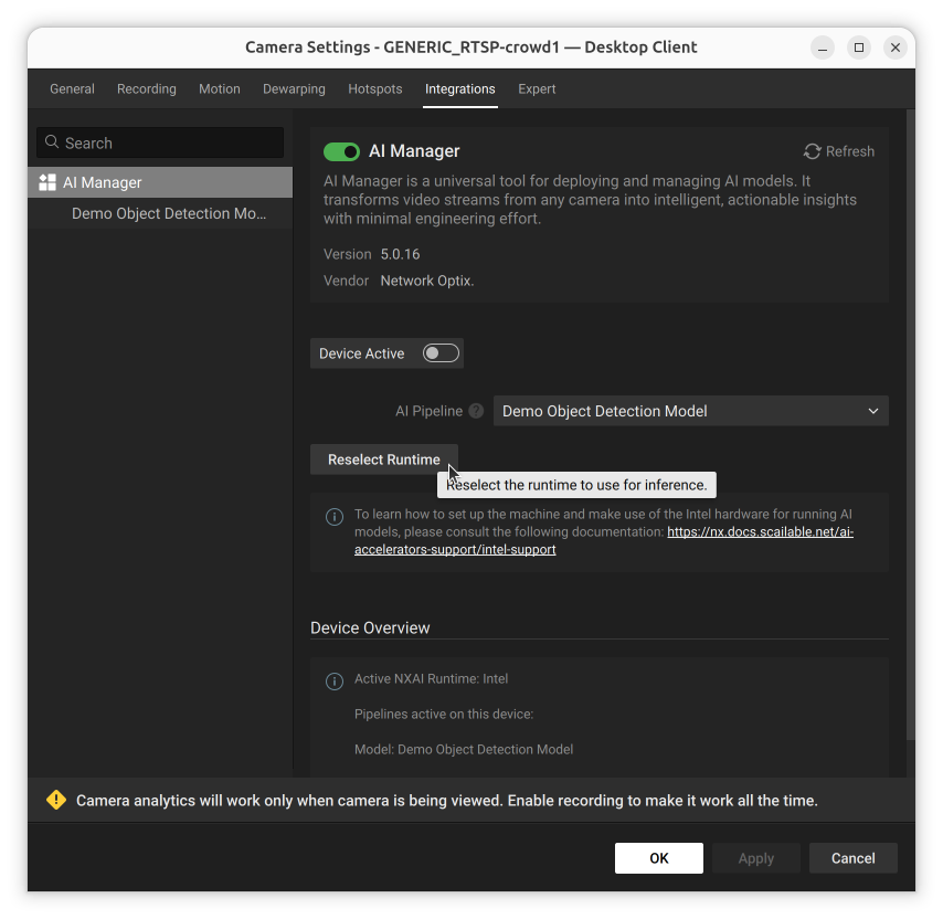 AI Manager panel with a tooltip on the Reselect Runtime button reading Reselect the runtime to use for inference