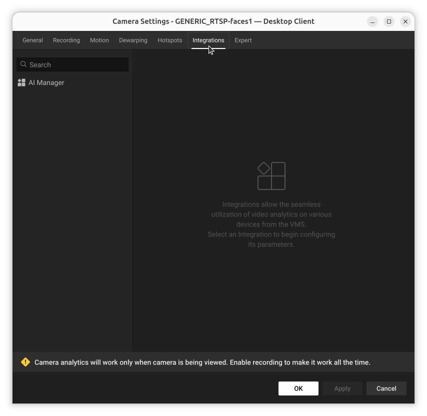 Camera Settings Integrations tab with AI Manager listed in the sidebar but not yet selected, showing the empty-state explanation
