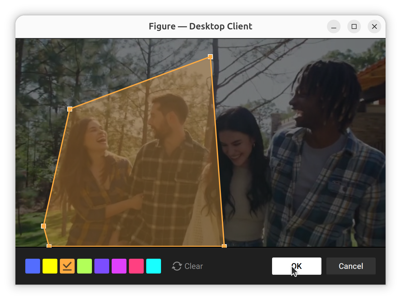 Figure editor dialog with an orange polygon shape drawn over part of a forest camera image, resize handles visible