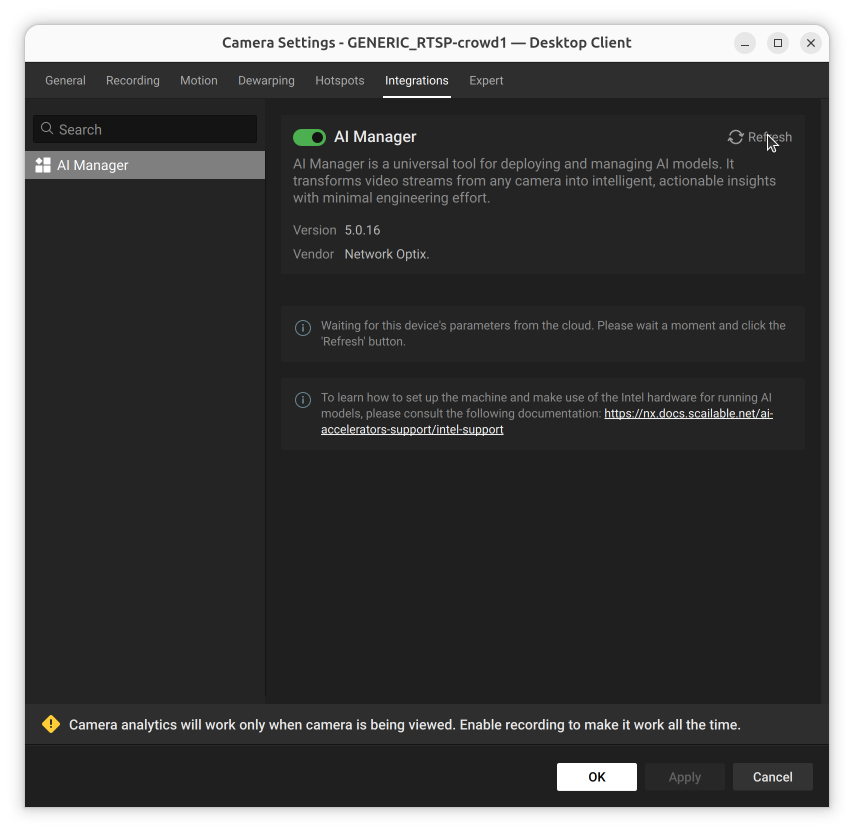 AI Manager panel still waiting for device parameters, with the cursor over the Refresh button