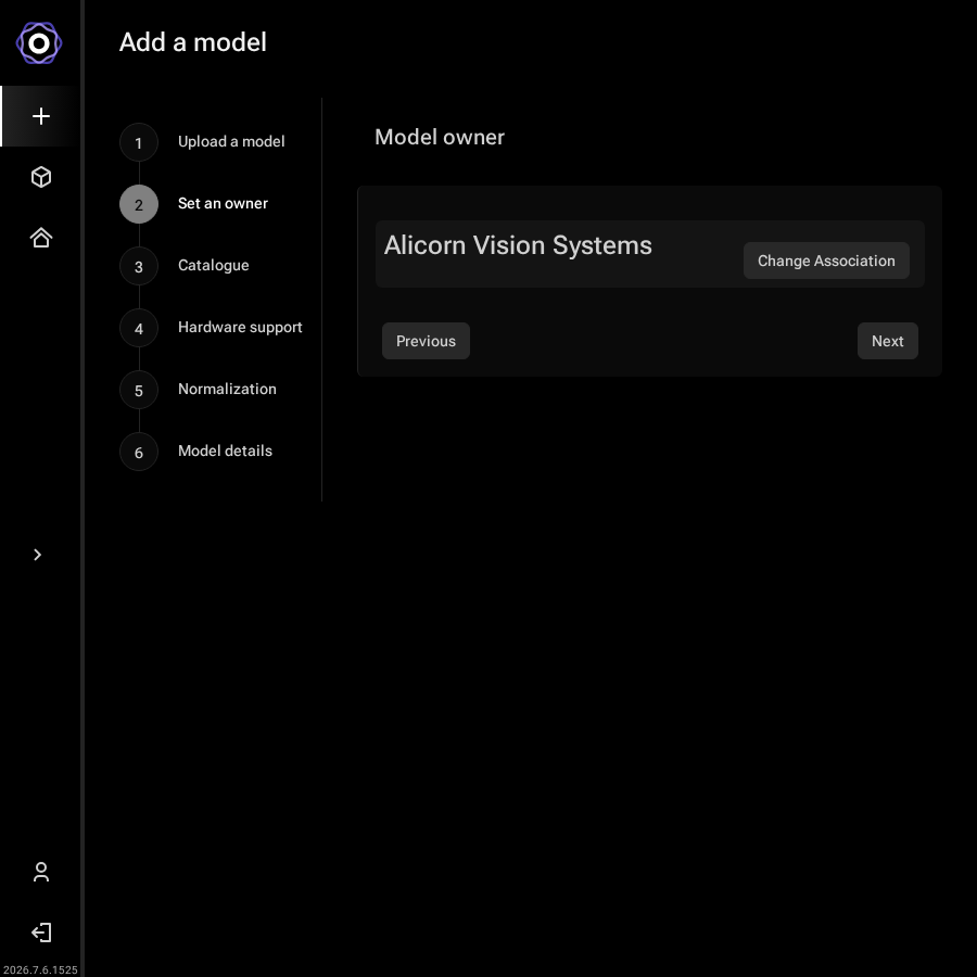 Add a model wizard with a single organization pre-selected and a Change Association
       button