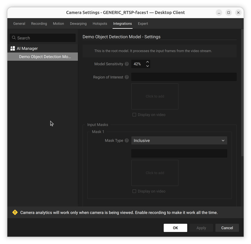 Model Settings panel for the root model showing the Model Sensitivity percentage field and empty Region of Interest and Input Mask controls