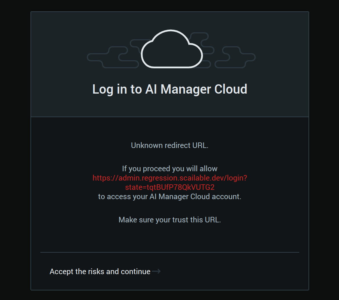 Log in to AI Manager Cloud dialog showing an Unknown redirect URL warning with an Accept the risks and continue link