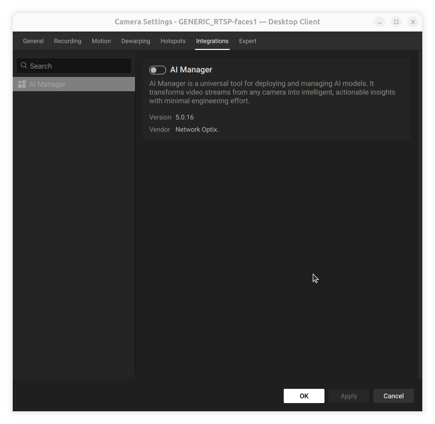 Camera Settings dialog with the Integrations tab selected, showing AI
     Manager listed in the plugin list