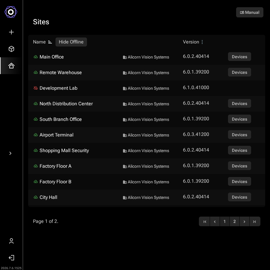 AI Manager Cloud sites listing page showing multiple sites with green online and red offline status indicators
