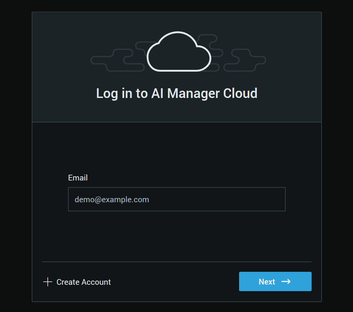 Log in to AI Manager Cloud dialog with an email input field and a Next button