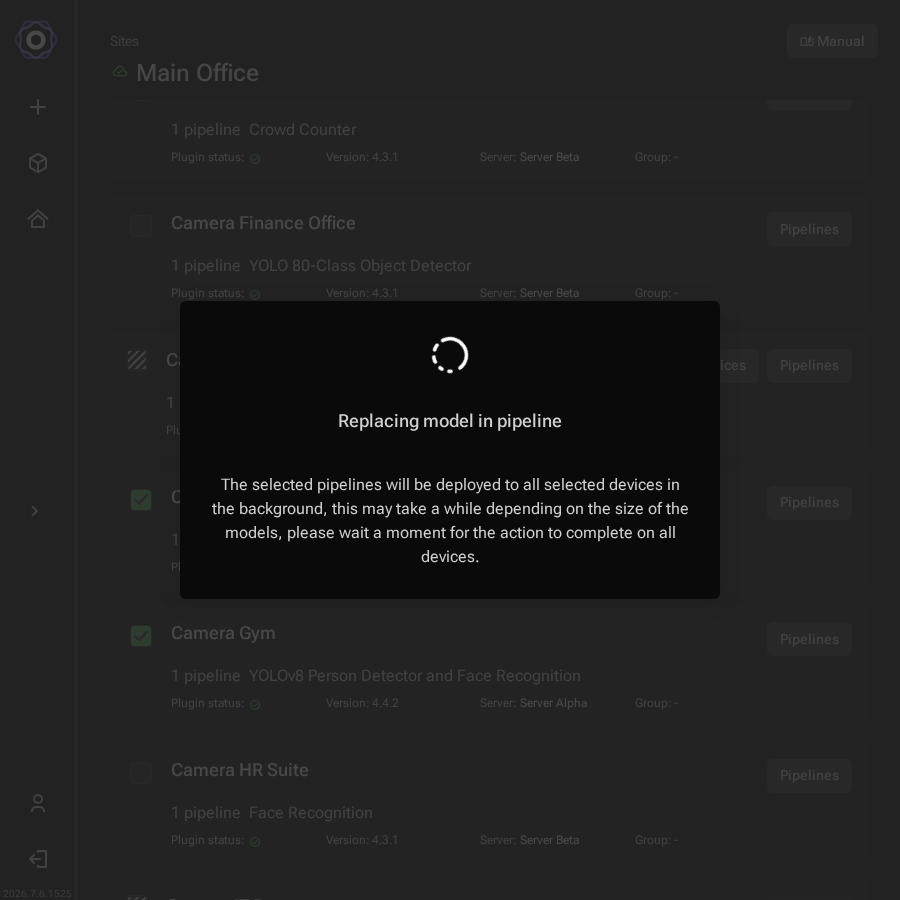 Replacing model in pipeline dialog with a spinner and a message that the selected pipelines will be deployed to all selected devices in the background