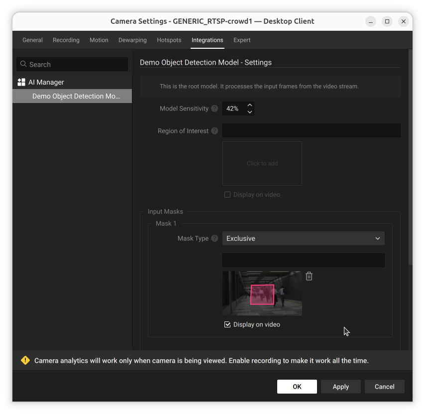 Model Settings panel showing an Exclusive input mask thumbnail preview with a pink polygon drawn over part of the camera image
