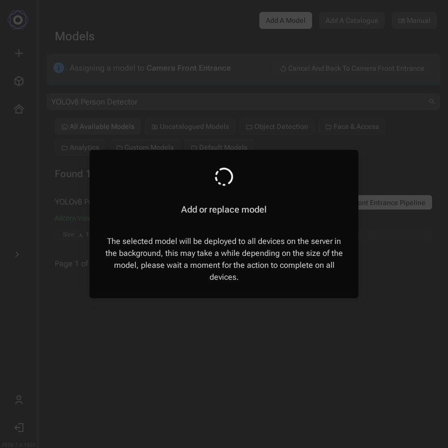 Add or replace model dialog with a spinner and a message that the selected model will
     be deployed to all devices on the server in the background