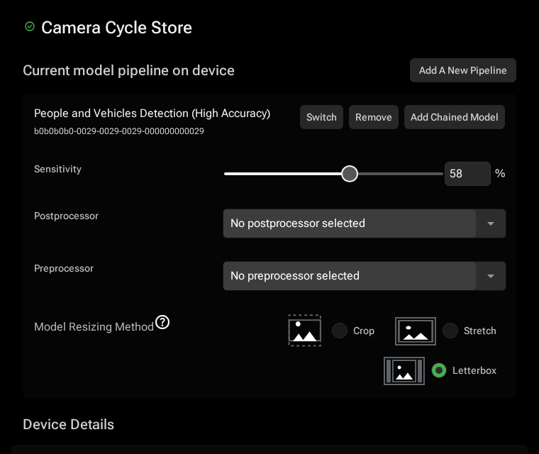 AI Manager device panel opened from the Manage Device button, showing the current model pipeline on device with pipeline settings