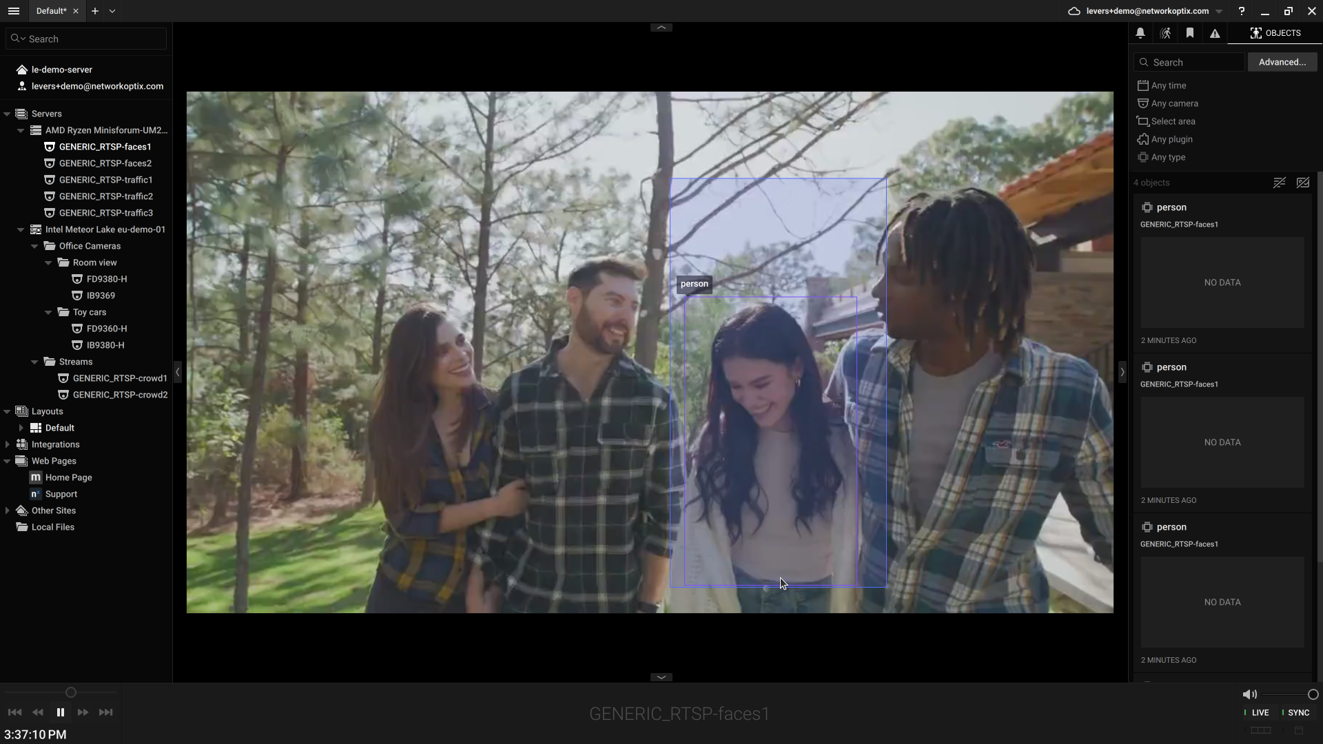Live View showing a blue Region of Interest rectangle over part of the frame, with only the person inside the rectangle detected and labeled
