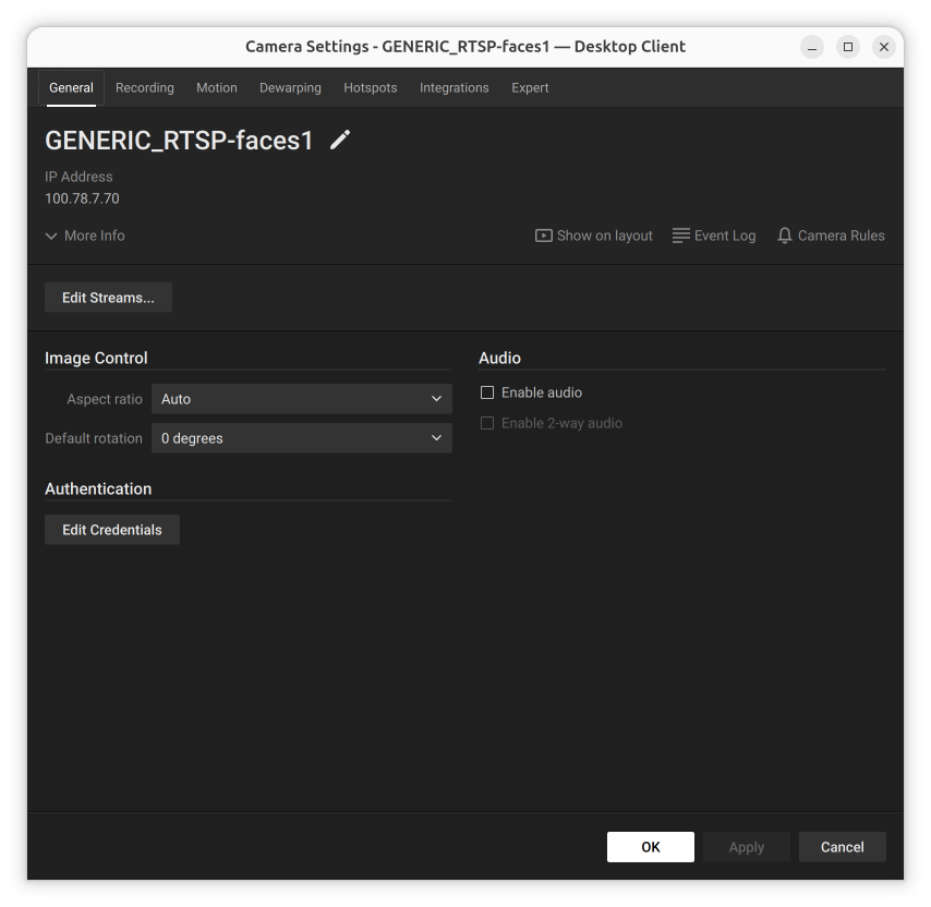 Camera Settings General tab showing camera name, IP address, Show on layout, Event Log, and Camera Rules links
