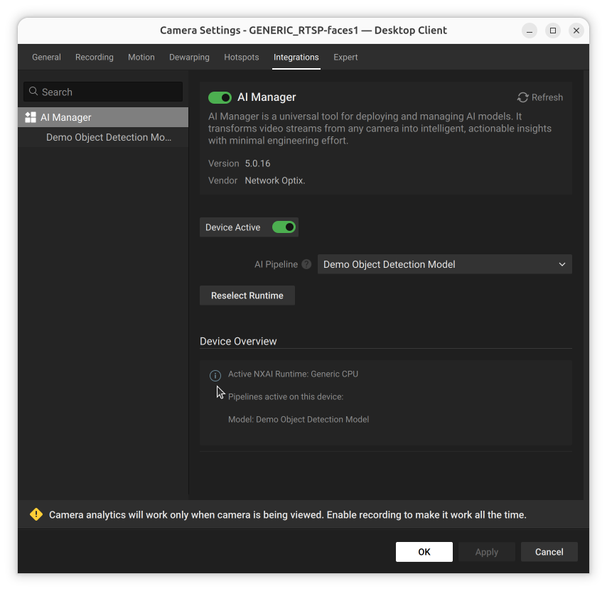 Camera Settings Integrations tab showing the AI Manager toggle in the on position and a default pipeline
