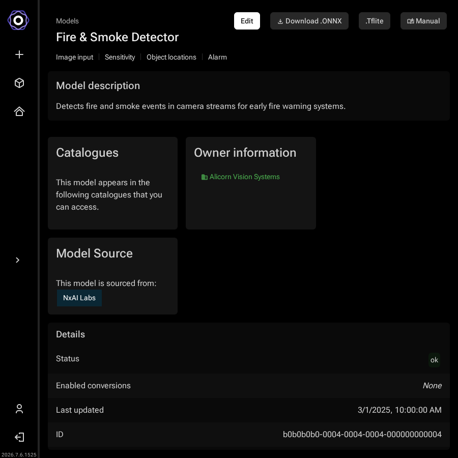 The model detail page showing model information and the list of devices it is currently deployed to