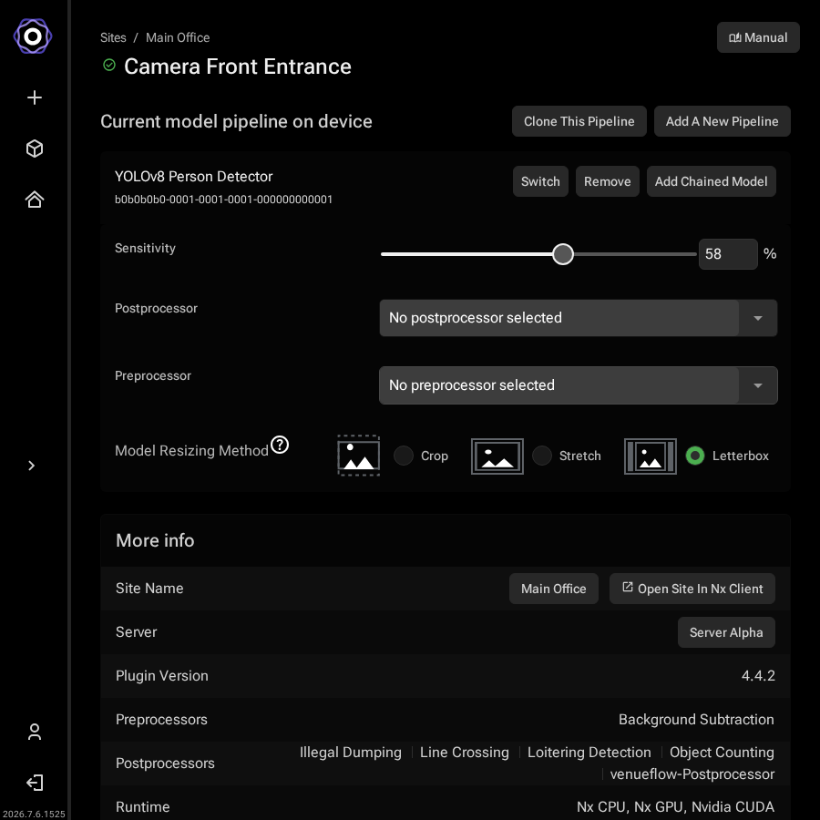 Device detail page showing two model pipelines assigned, each with sensitivity and postprocessor controls