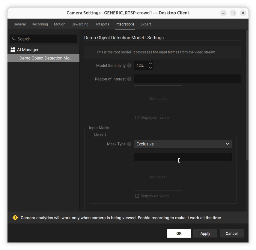 Model Settings panel with Mask Type set to Exclusive and no shape drawn yet
