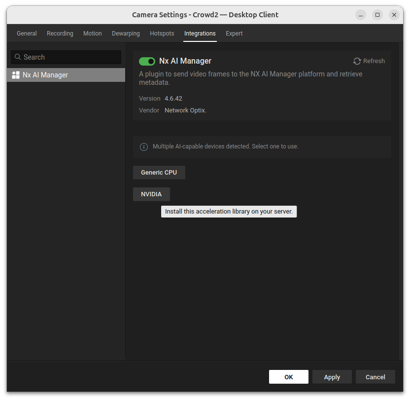 AI Manager plugin runtime selection panel listing available runtimes including NVIDIA CUDA