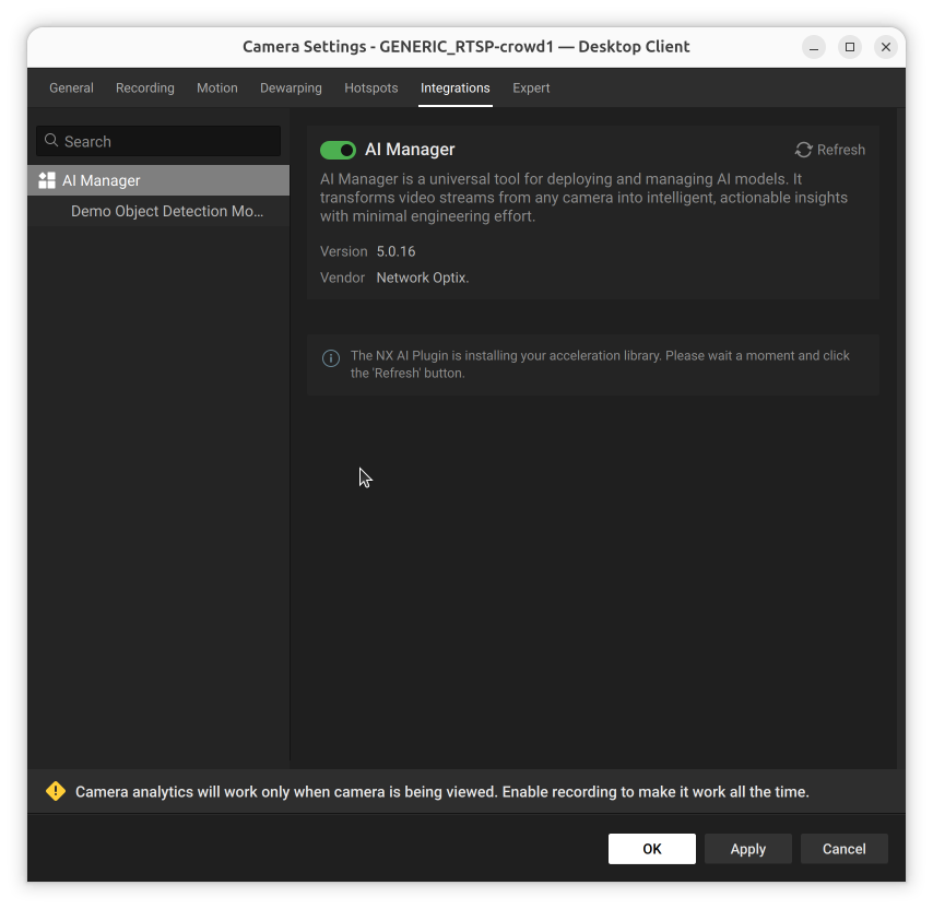AI Manager panel showing the plugin installing the acceleration library, with a prompt to wait and click Refresh