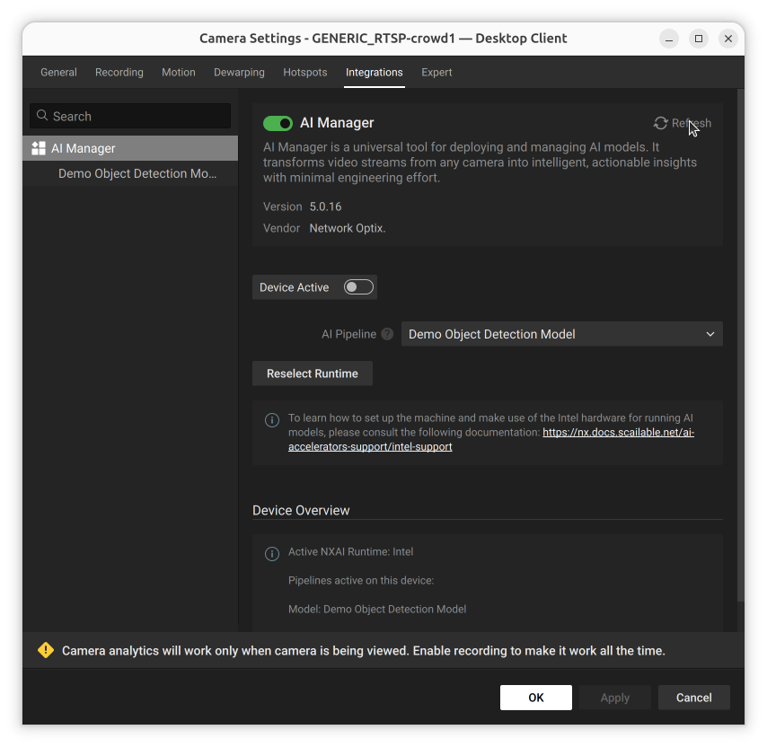 AI Manager panel with Device Active switched off, AI Pipeline and Reselect Runtime greyed out while the Intel runtime is configured
